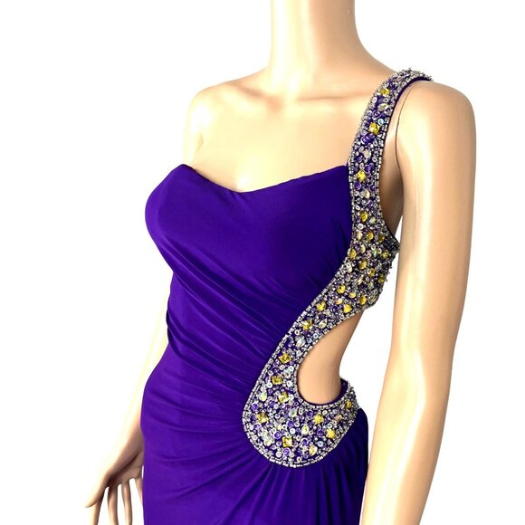 Evenings by Allure One-Shoulder Purple Evening Gown w/ Beaded  Side Back Cutout - Picture 3 of 12